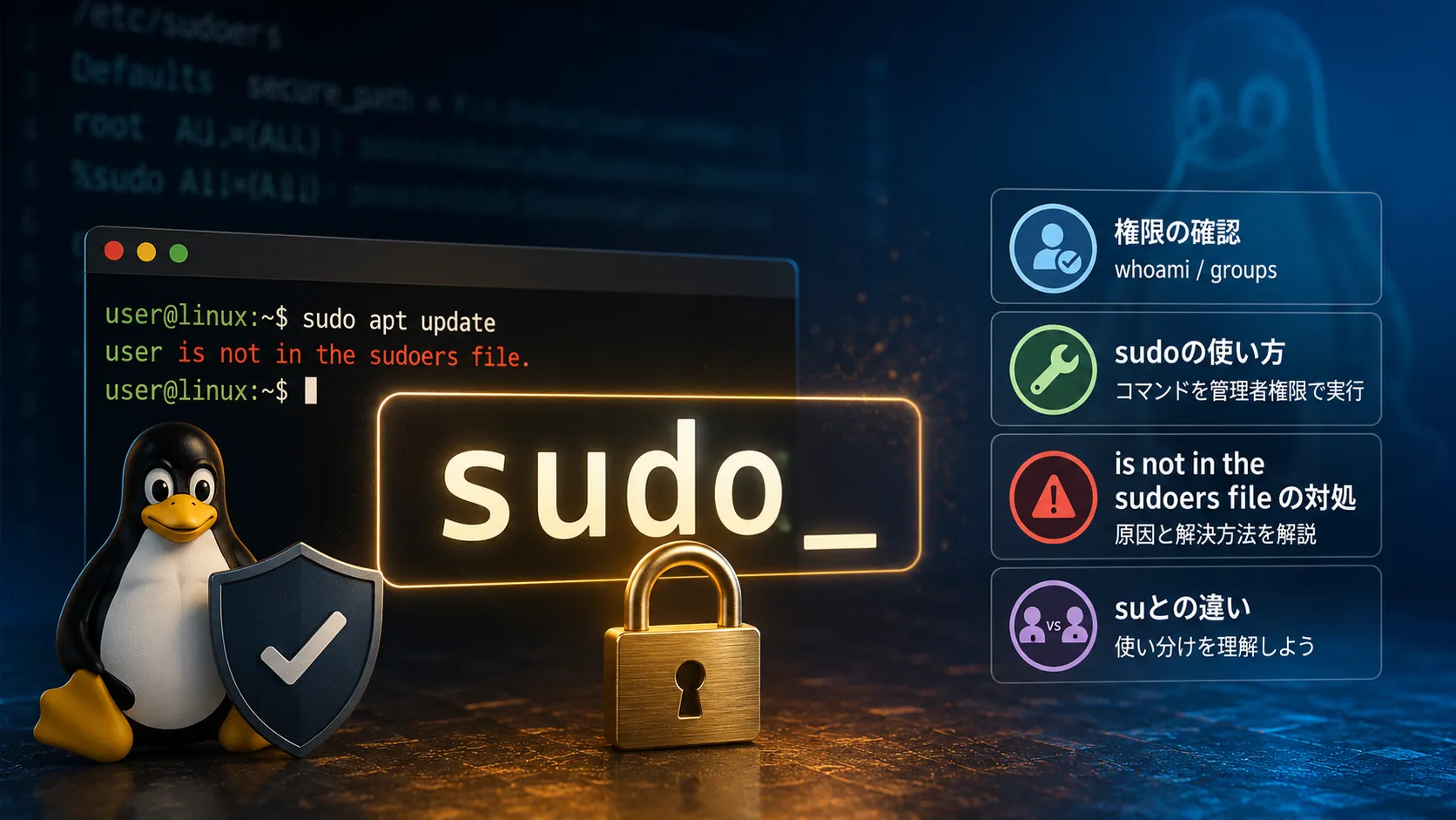 【Linux】sudoの使い方｜is not in the sudoers fileの対処・権限の確認・suとの違い