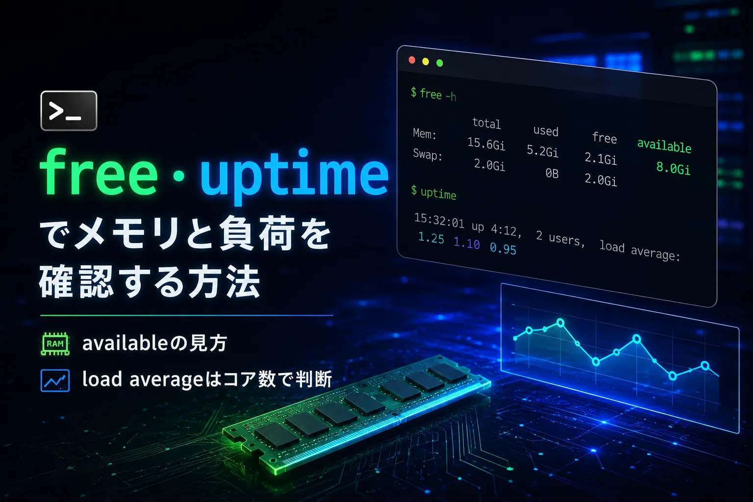 【Linux】free・uptimeでメモリと負荷を確認する方法｜availableの見方・load averageはコア数で判断