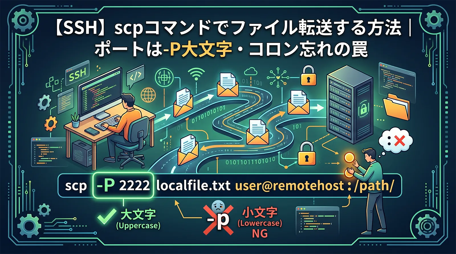 【SSH】scpコマンドでファイル転送する方法｜ポートは-P大文字・コロン忘れの罠