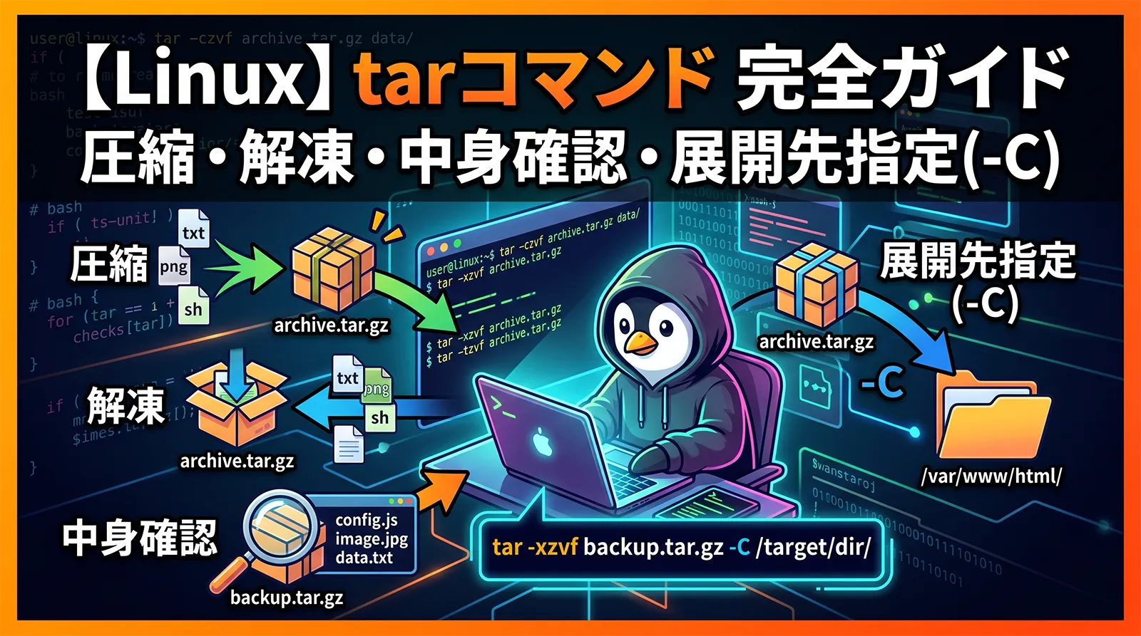 【Linux】tarコマンドの使い方｜tar.gzの圧縮・解凍・中身確認・-Cで展開先指定