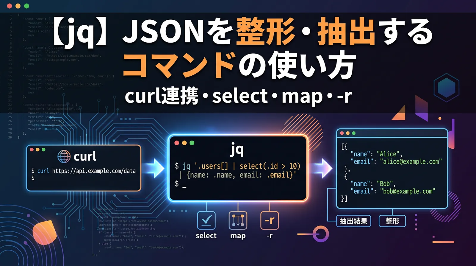 【jq】JSONを整形・抽出するコマンドの使い方｜curlと連携・select・map・-r