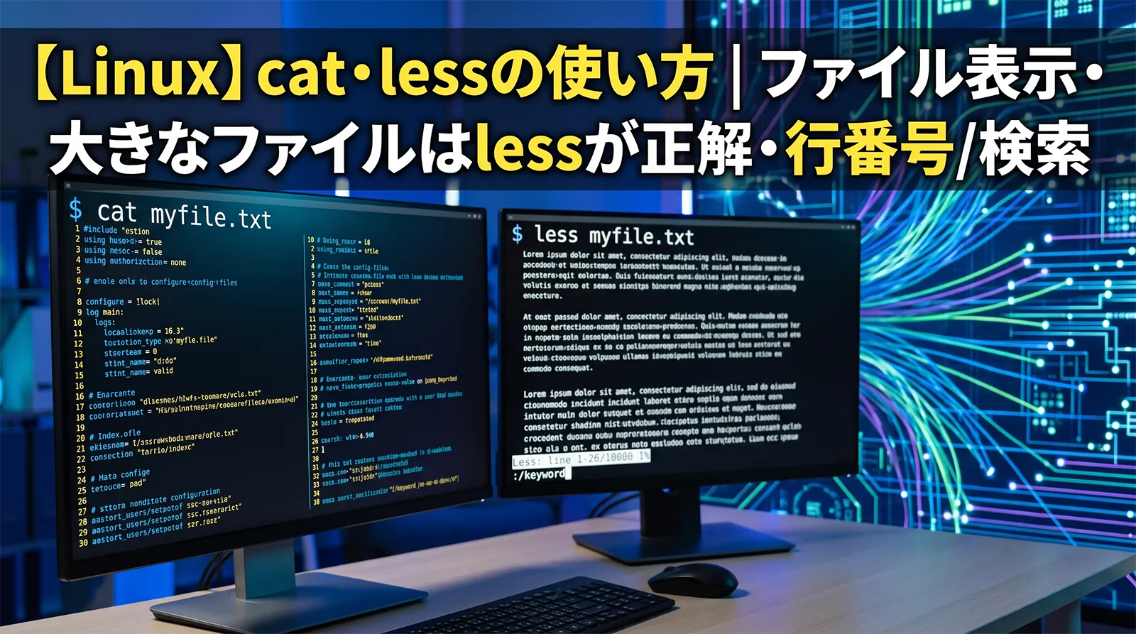 【Linux】cat・lessの使い方｜ファイル表示・大きなファイルはlessが正解・行番号/検索