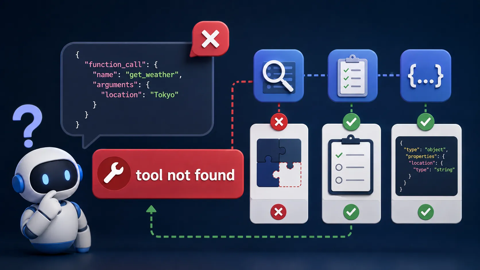 Function Callingで「tool not found」になる原因｜ツール名・登録漏れ・スキーマを確認